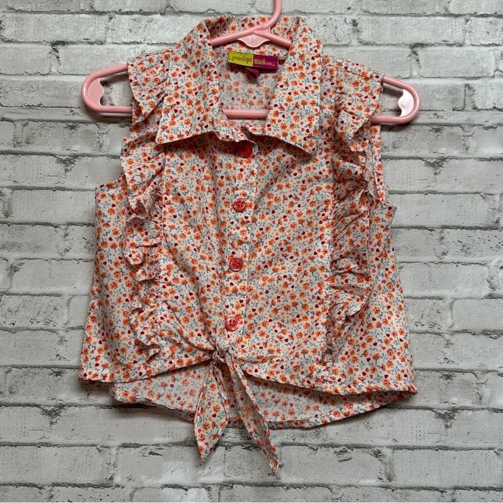 Kids Tops Lot of 2 Toddler Sleeveless 3T & 4T Floral Ruffle Tie Front Shirts - Picture 2 of 12